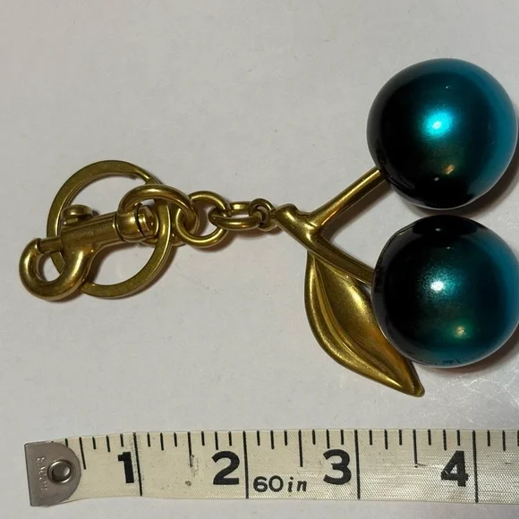 Elegant metallic pearlized Teal Cherry & goldtone Bag Charm / Keychain - Picture 3 of 3